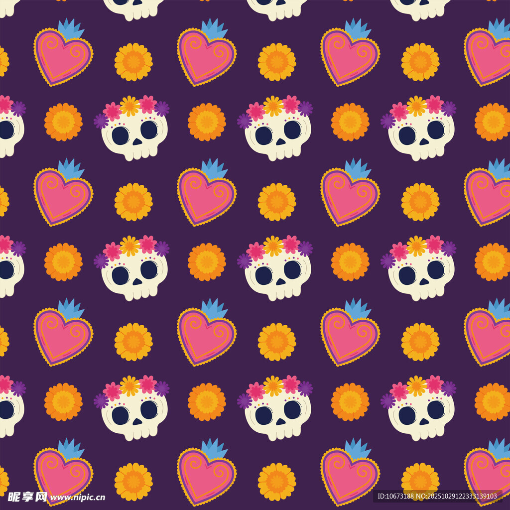 骷髅爱心图案的多彩背景