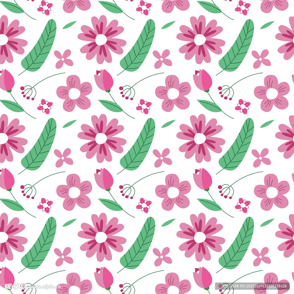 粉色花卉绿叶无缝图案