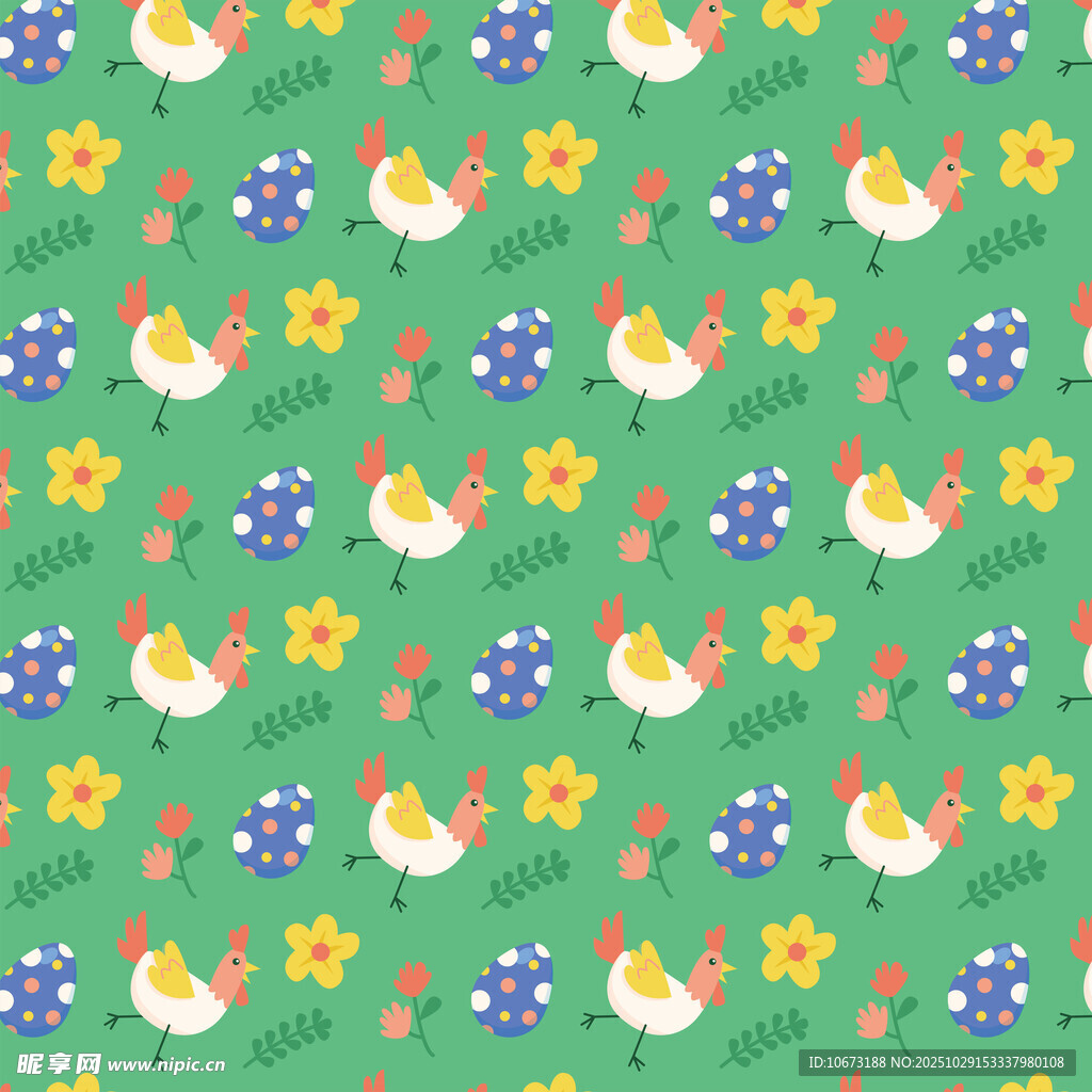 绿色背景可爱小鸡花卉图案