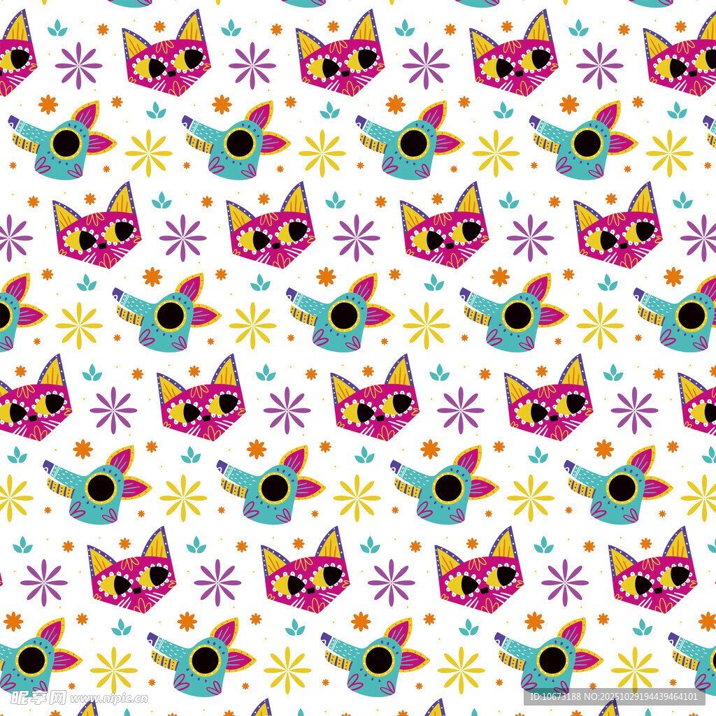 可爱猫咪小鸟花卉图案背景