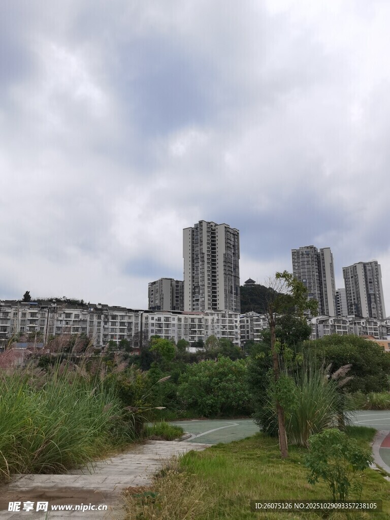 城郊风景高楼与自然相融