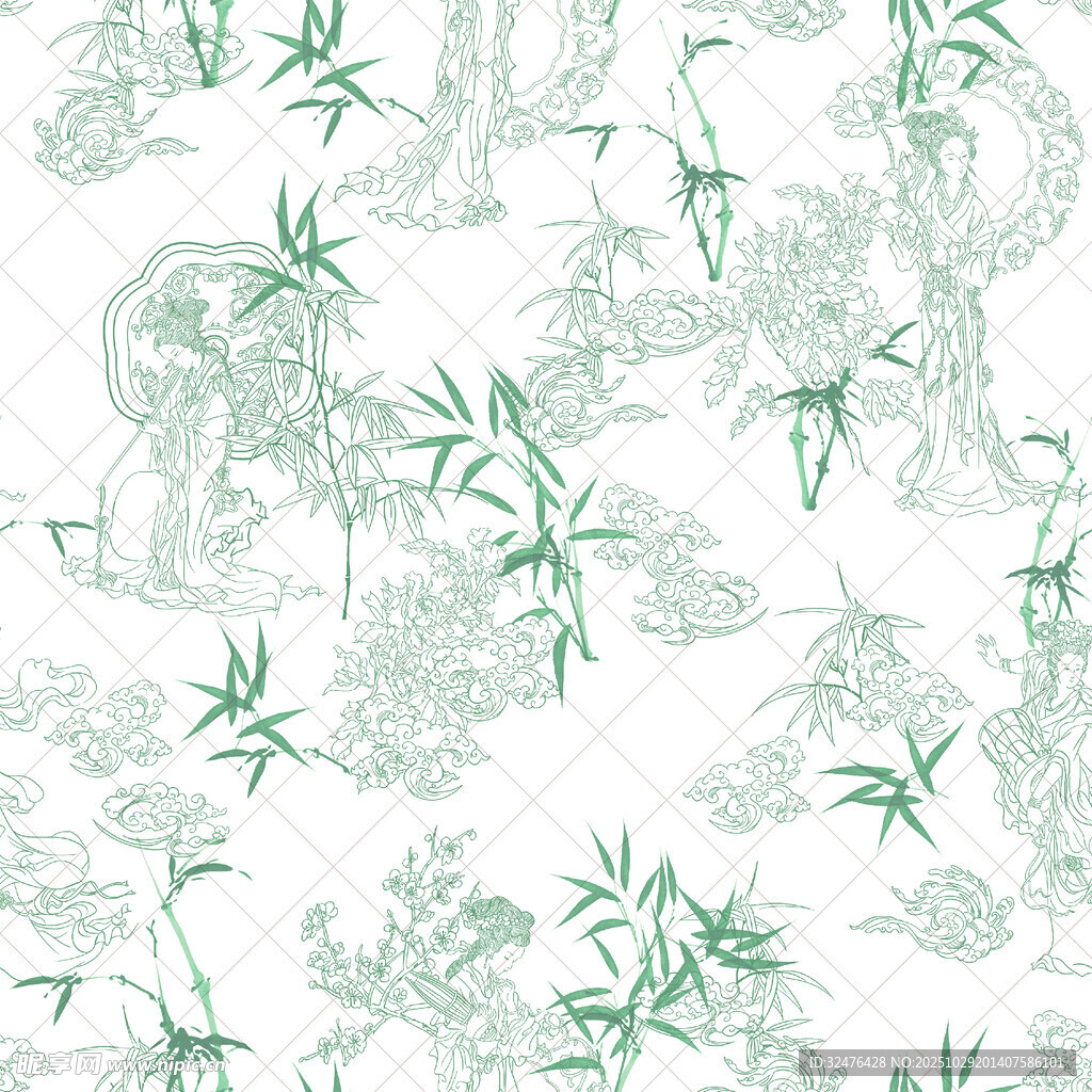 中式绿竹花鸟图案纹理