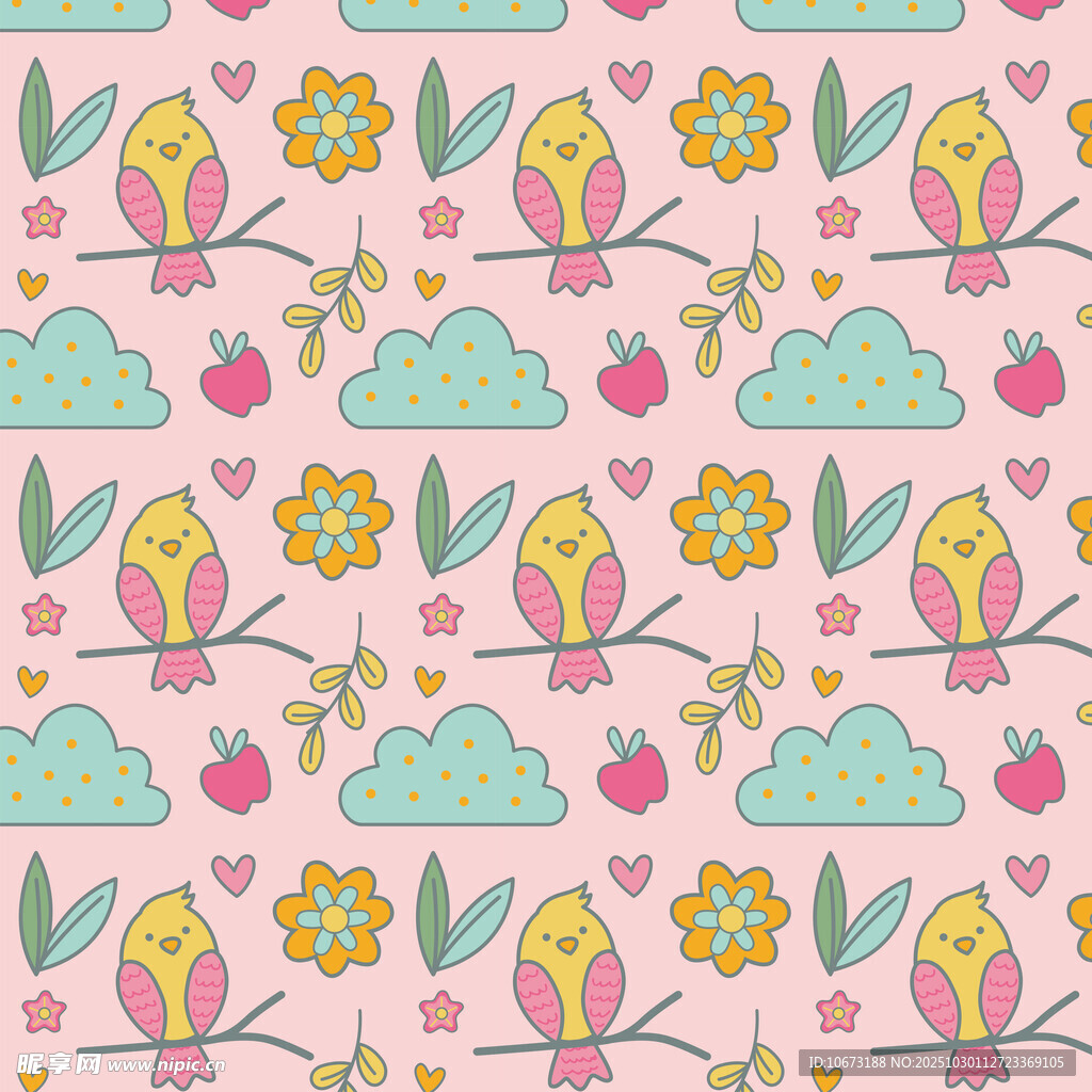 粉色背景可爱小鸟花卉图案