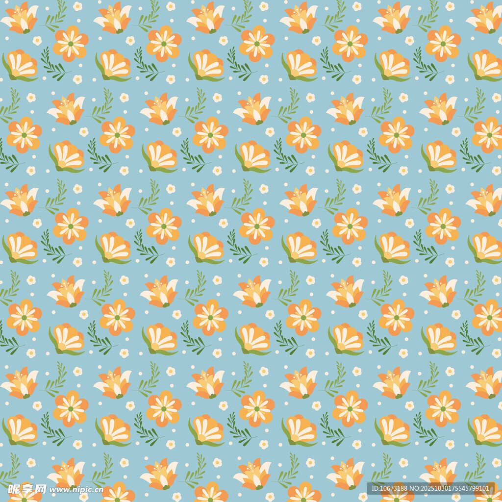 蓝色底花卉图案布料纹理