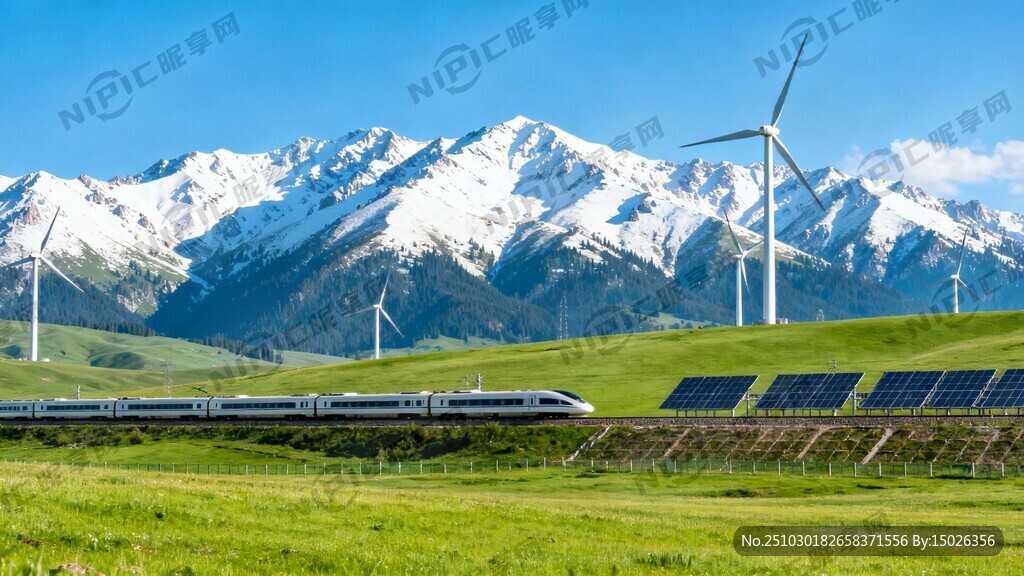雪山  绿色草原    高铁 
