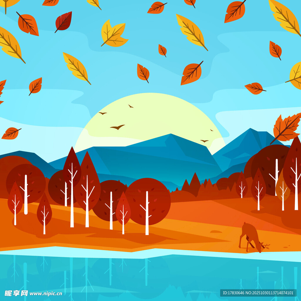 秋日山林湖畔风景图