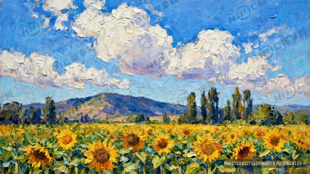 手绘油画风格  蓝天白云 