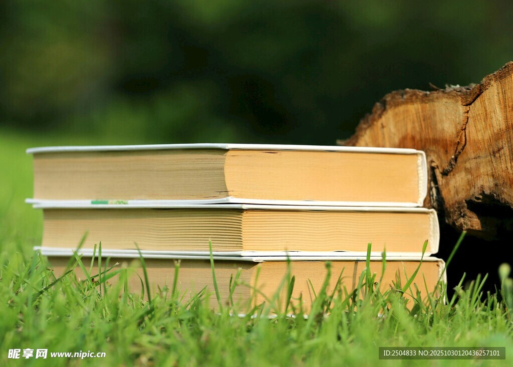 草地上的堆叠书籍