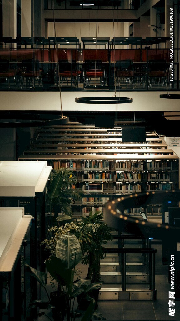 图书馆内整齐排列的书架