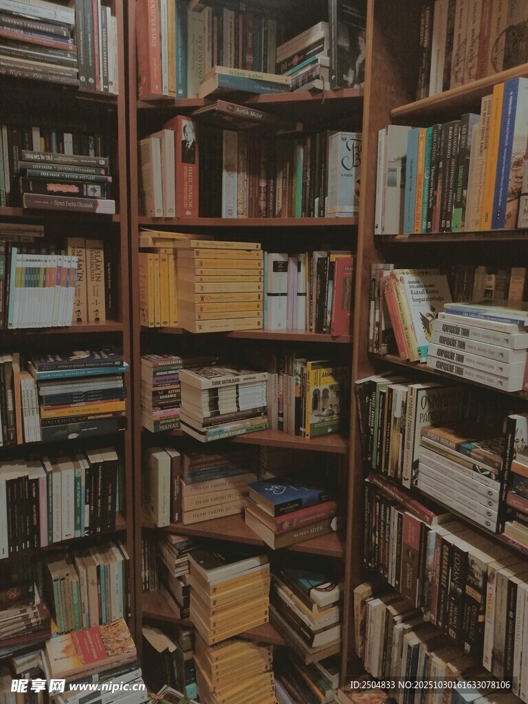 满架书籍的静谧书房角落