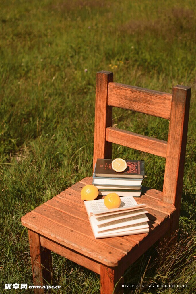 草地上木椅上的书籍水果
