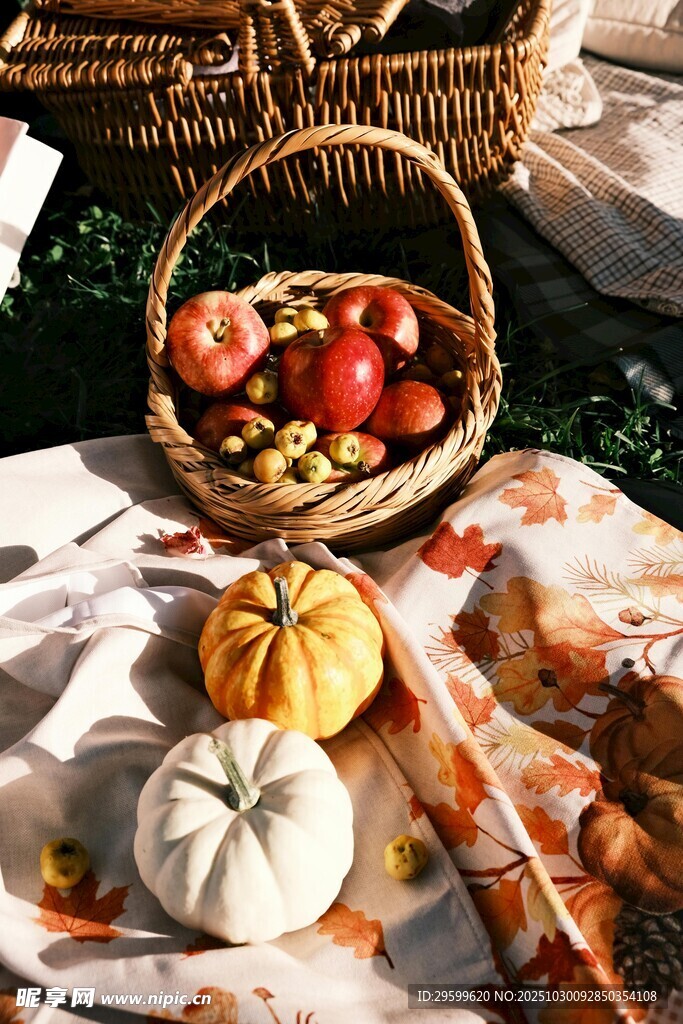 秋日野餐篮中的多彩果蔬