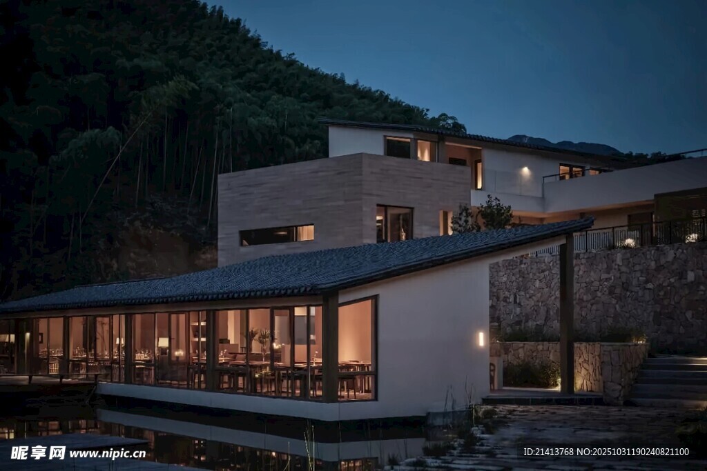 山间夜景中的现代温馨建筑