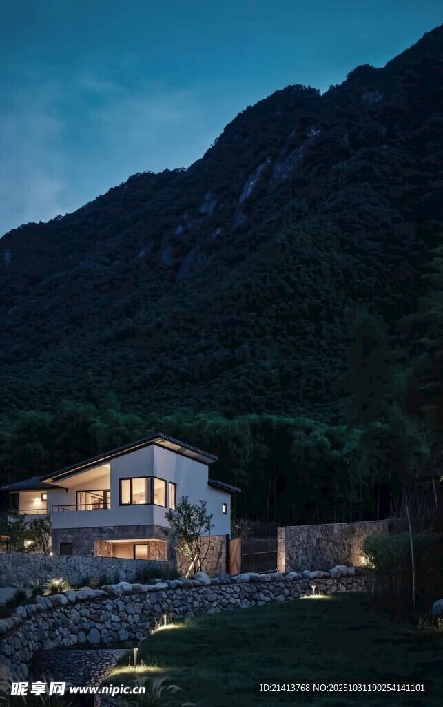 山间亮灯小屋夜景