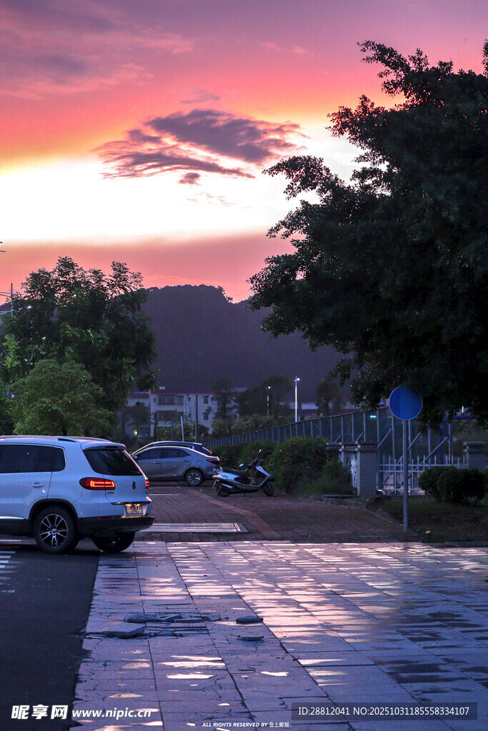 夕阳下的街道与停放车辆