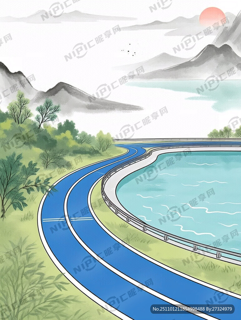 环湖跑道蓝色卡通背景