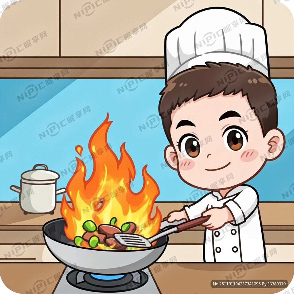 厨师卡通头像在炒菜前面有火