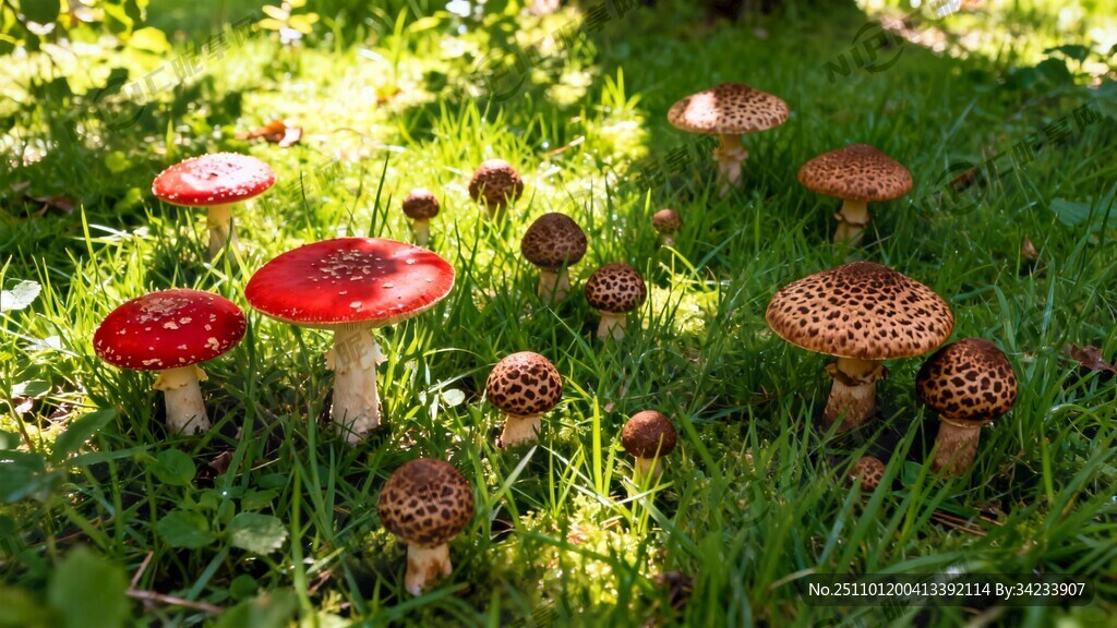 森林绿草好多蘑菇