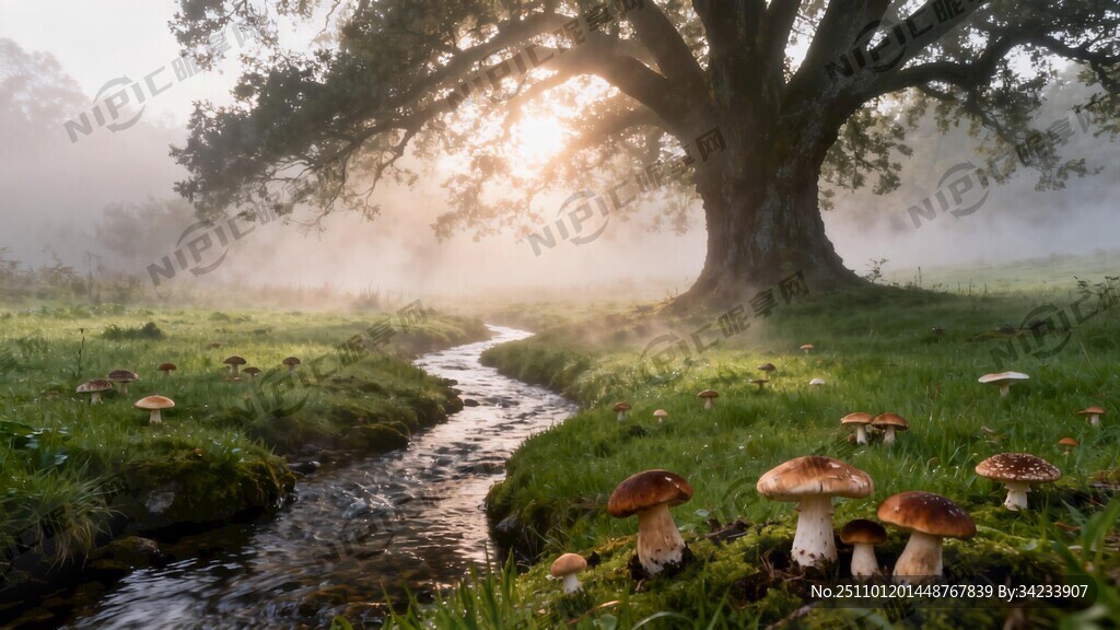 清晨的阳光透过大树照射在绿草地