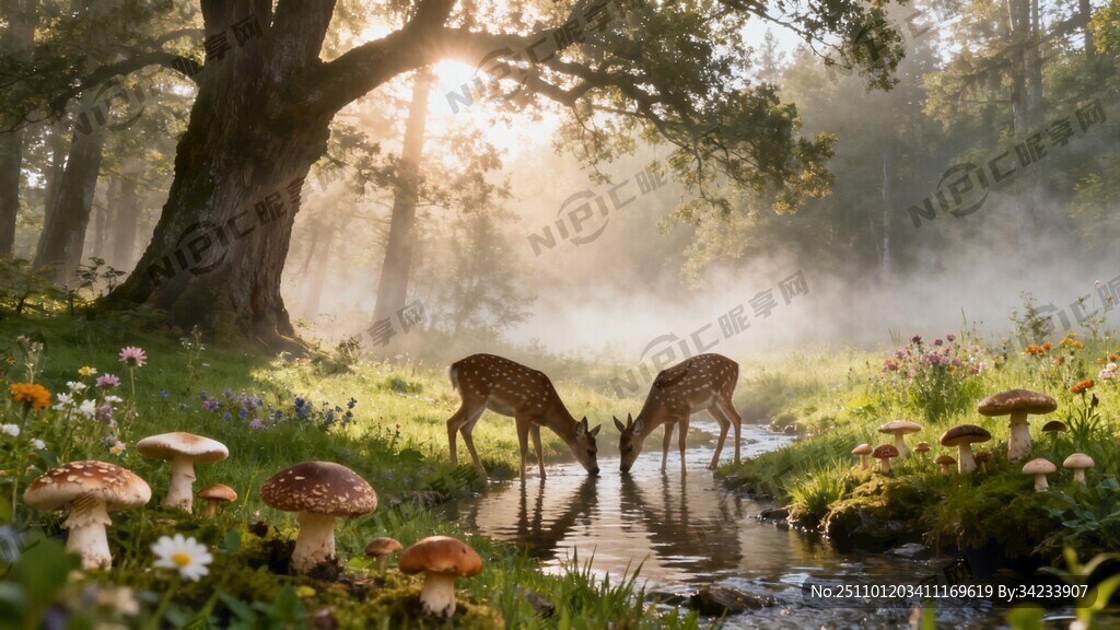 清晨的阳光透过森林的大树照射在