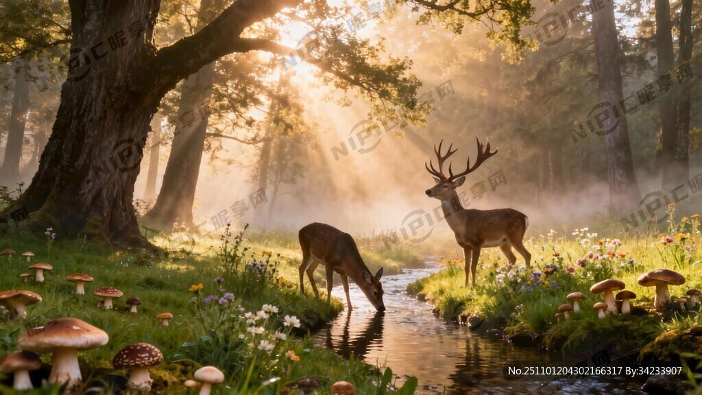 清晨的阳光透过森林的大树一缕缕