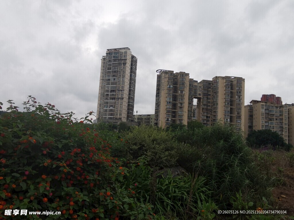 阴天中的城市高楼建筑群