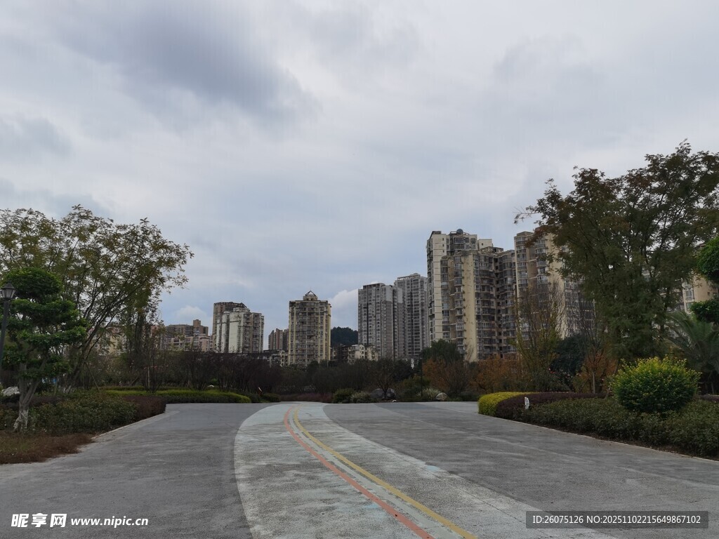 城市道路旁的高楼景观