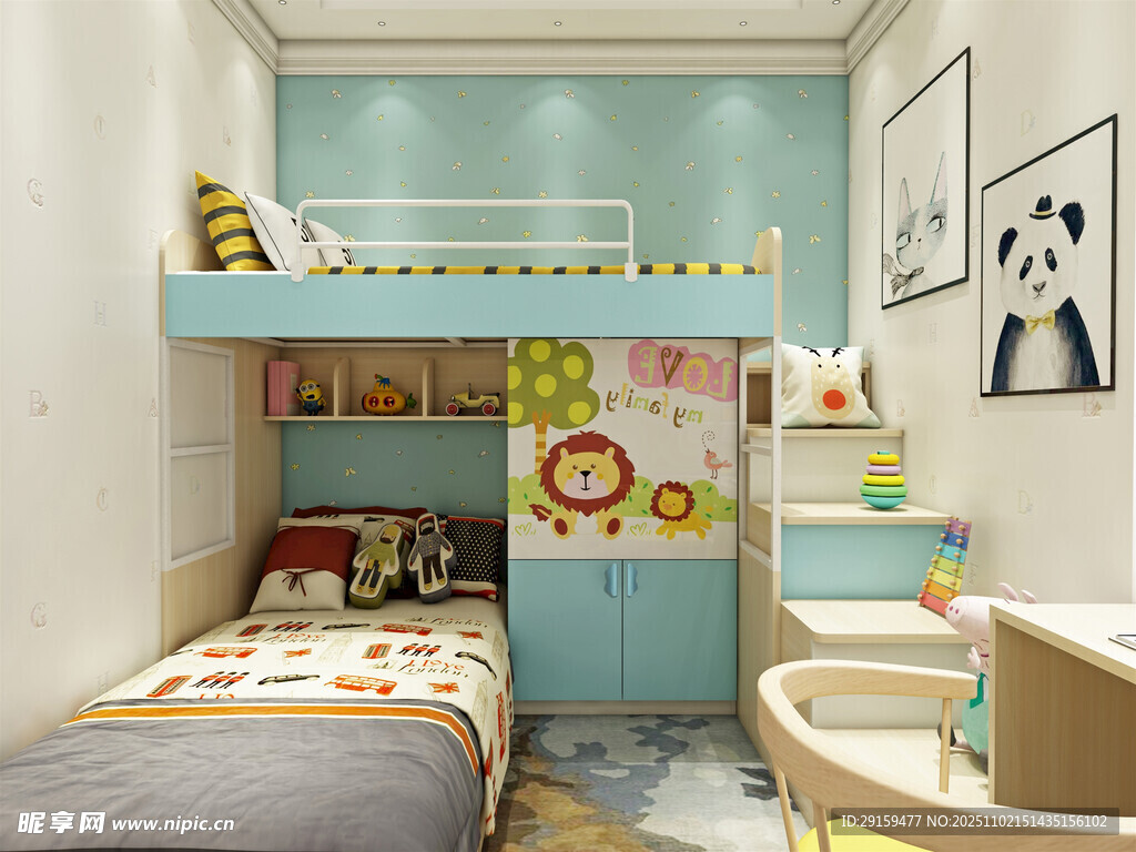 儿童双层床卧室温馨布置