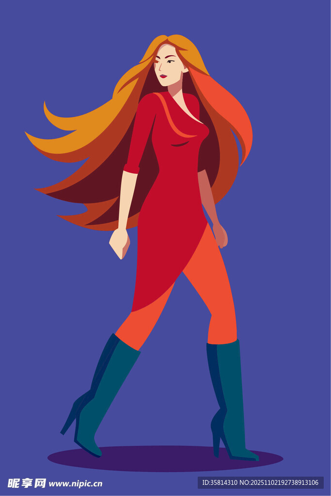 红发女子时尚迈步