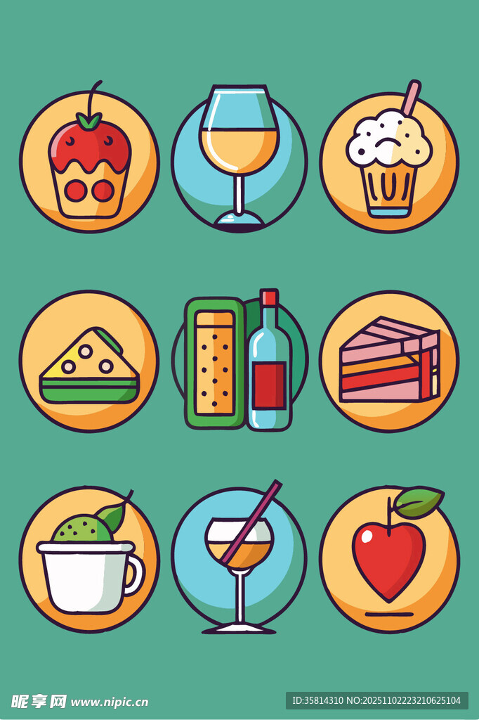 多彩美食与饮品图标集