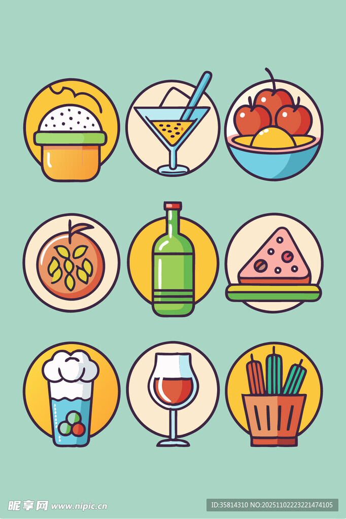多彩美食与饮品图标集