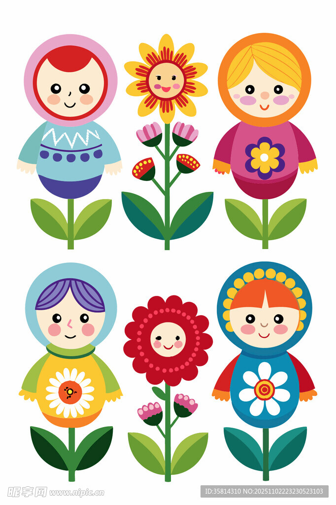 可爱俄罗斯套娃与花卉图案