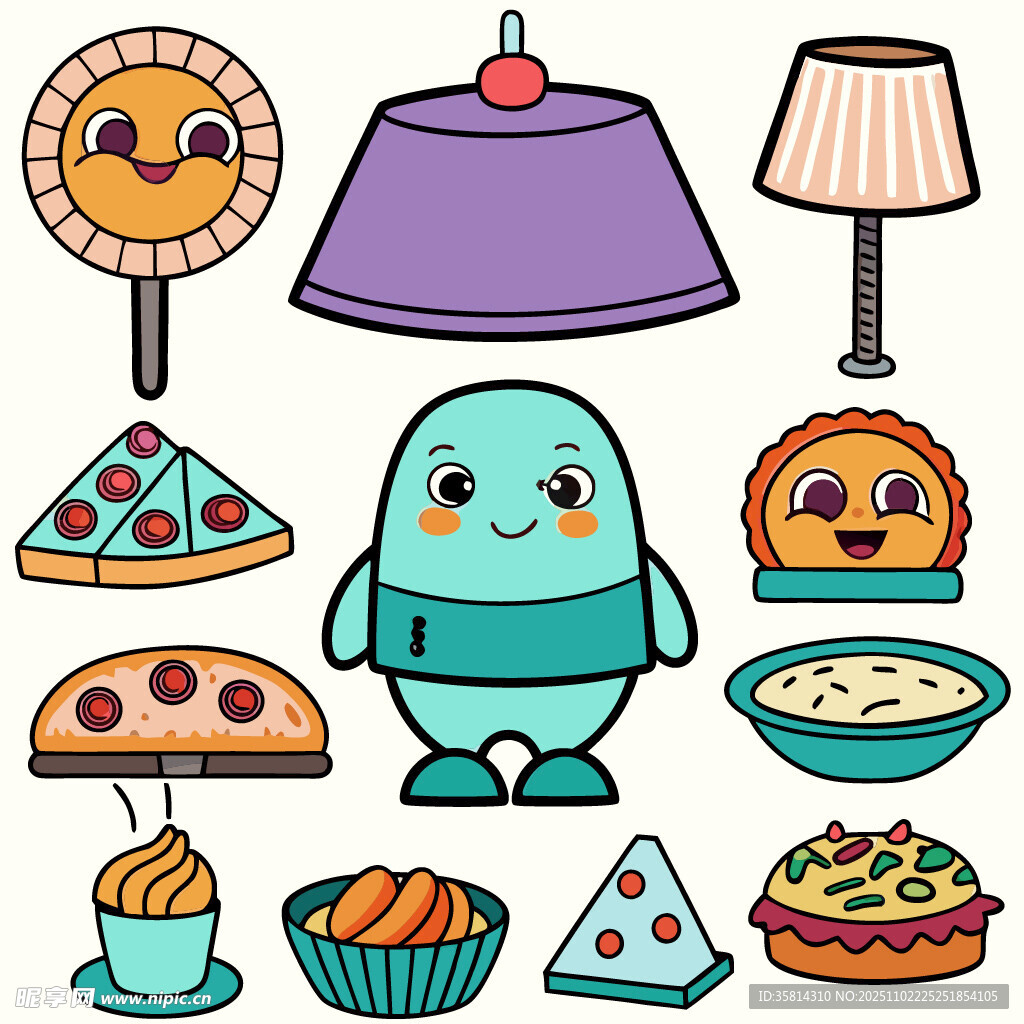 可爱卡通食物与机器人形象