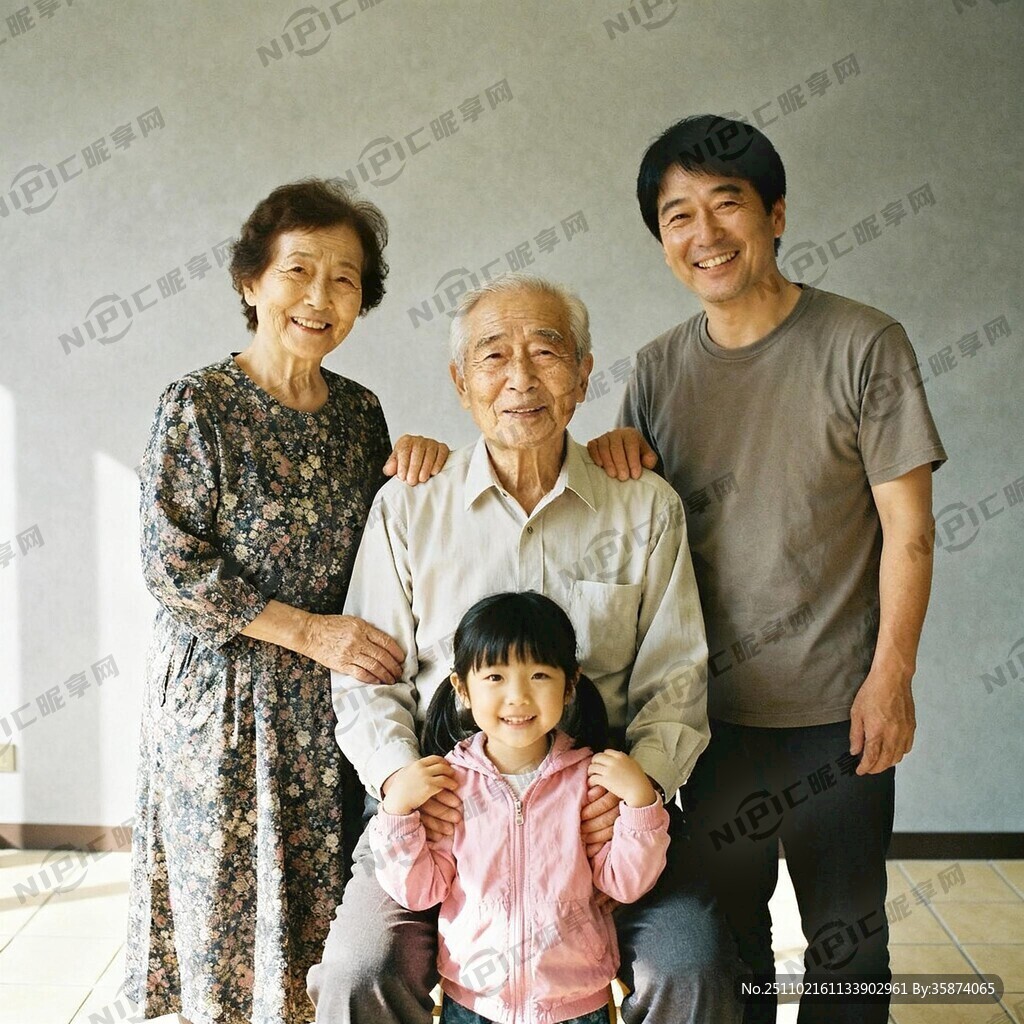 一家三代的镜头前合照 有笑容
