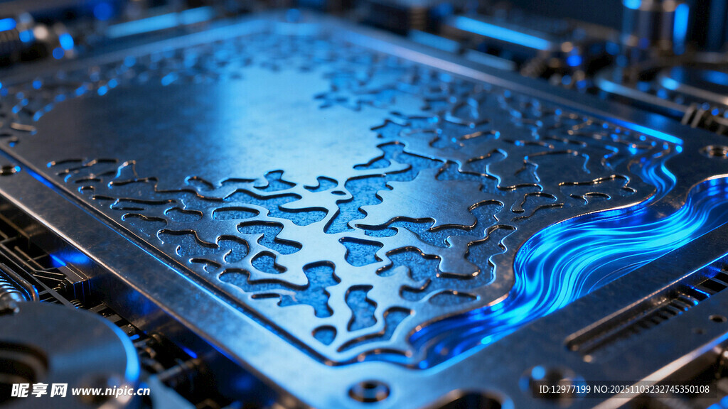 炫酷电路板上的蓝色火焰