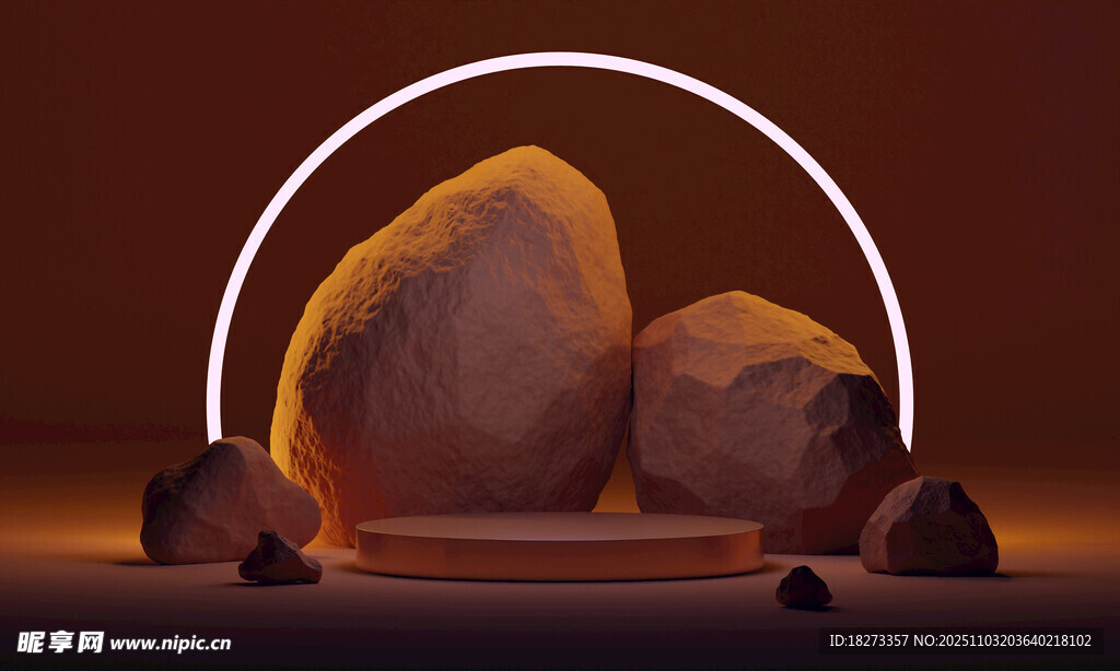 发光圆环下的岩石景观