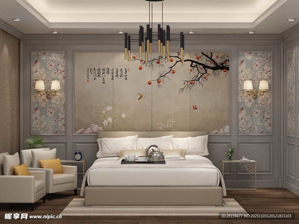 现代中式风格卧室全景