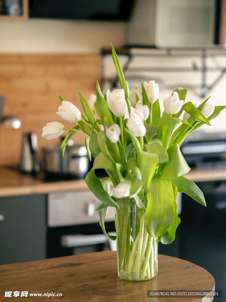 花瓶中的清新白色郁金香