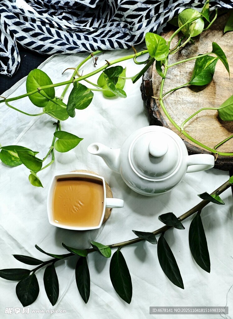 清新茶具与绿植装点的茶韵