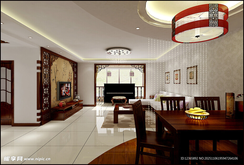 现代中式风格客厅餐厅全景