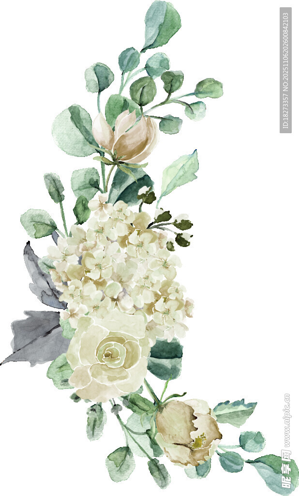 水彩风白绿花卉