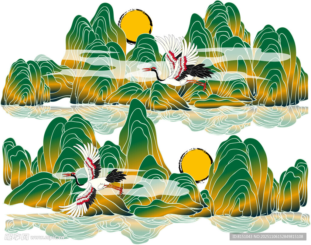 水墨山水间的仙鹤美景