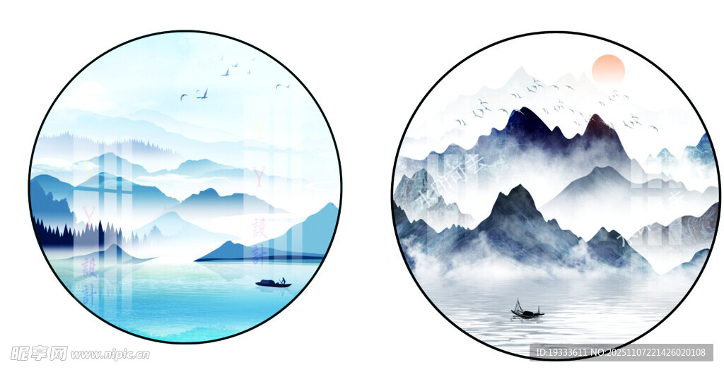 中式山水圆形装饰画