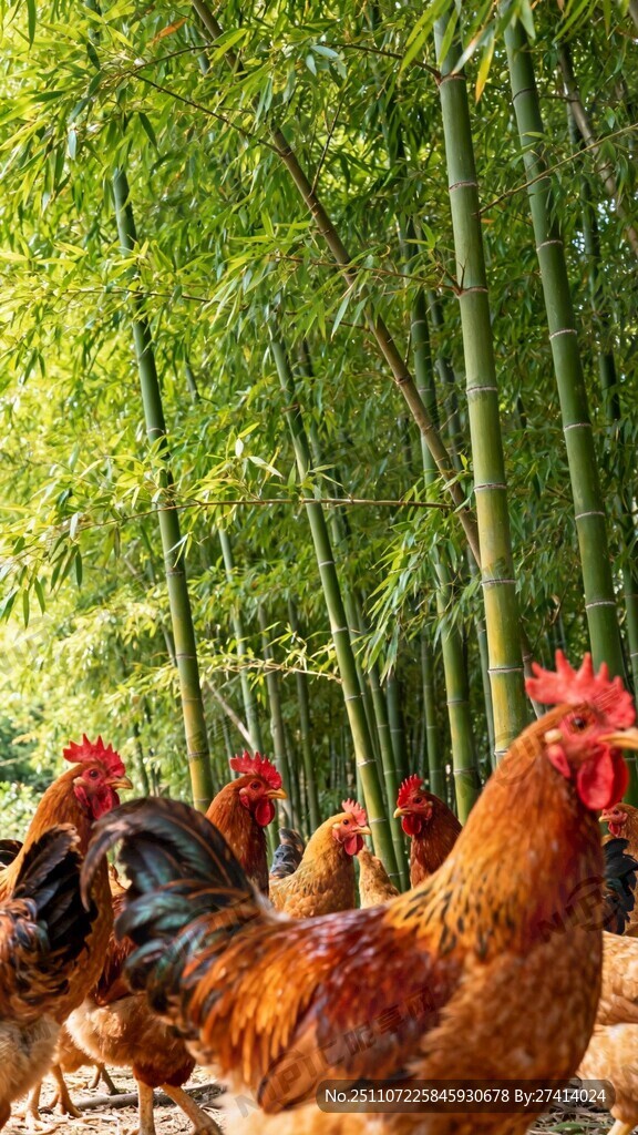 一群在竹林里的公鸡 背景大一点