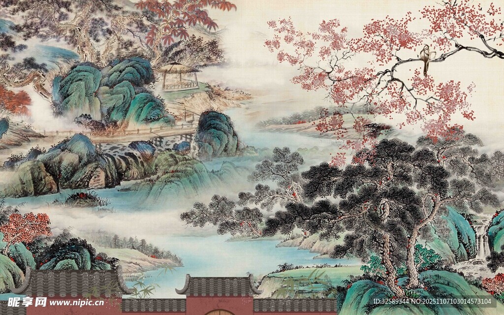 中式山水花鸟国画景观