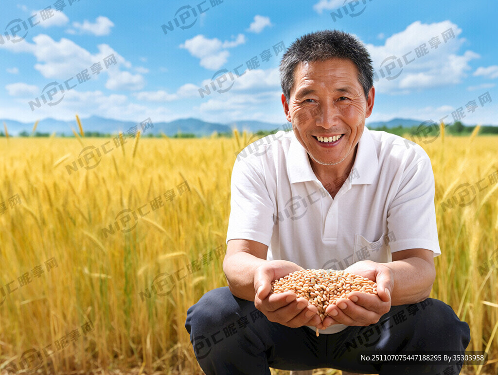 农民伯伯蹲在麦地里看着手里的麦