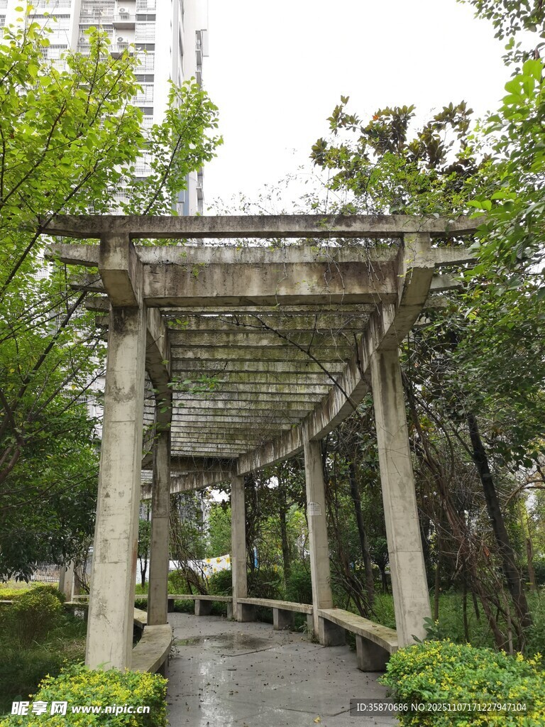 林荫下的木质长廊景观