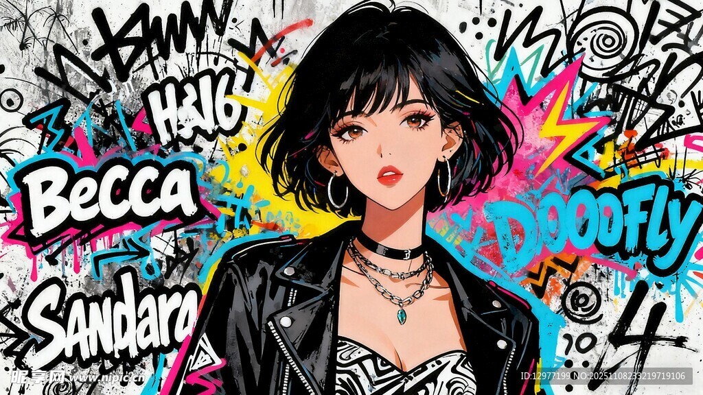 涂鸦背景下的时尚个性女孩图片