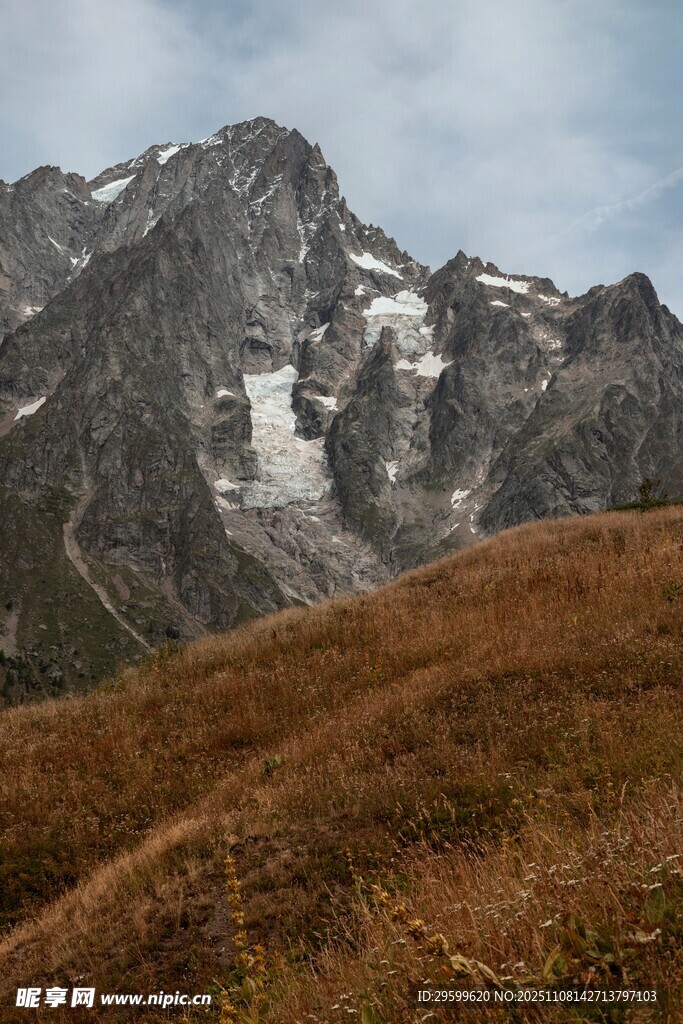 巍峨雪山下的秋日山坡