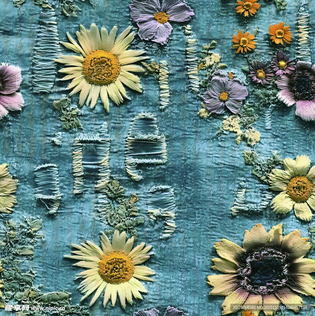 蓝色布面多彩花卉刺绣图案